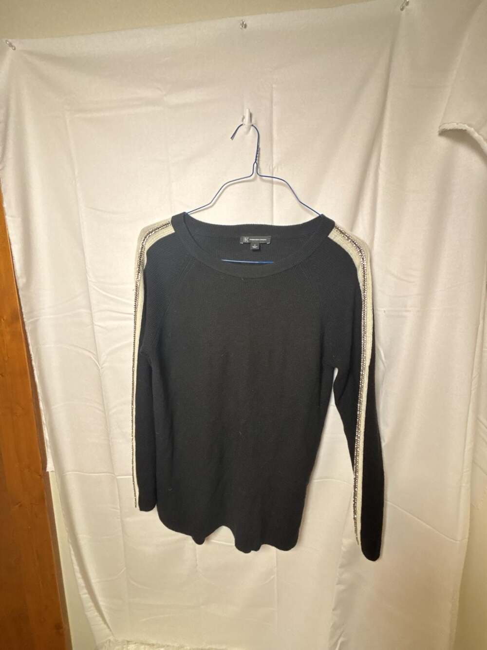 INC International Concepts Sweater Size S Black Rhinestone Stripe Pullover